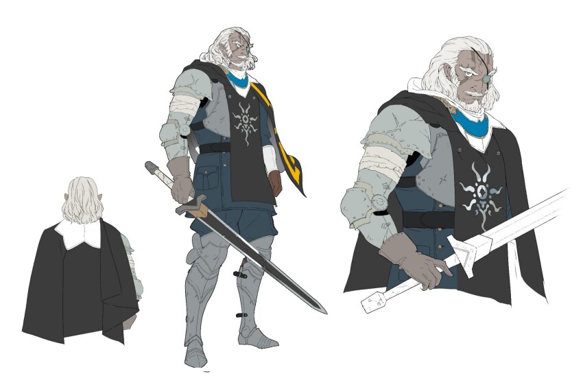 1boy, armor, armored_boots, black_cape, blue_shirt, boots, brown_gloves, cape