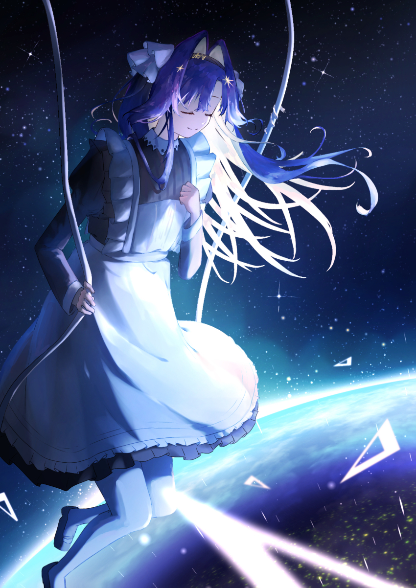 1girl, apron, black_dress, black_hairband, black_shoes, blonde_hair, blue_hair, clenched_hand