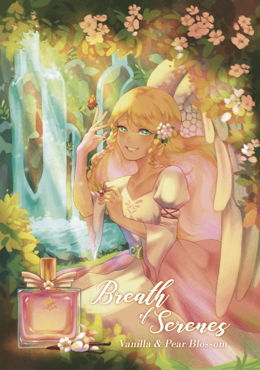 1girl, absurdres, angel_wings, bird, blonde_hair, bottle, feathered_wings, fire_emblem