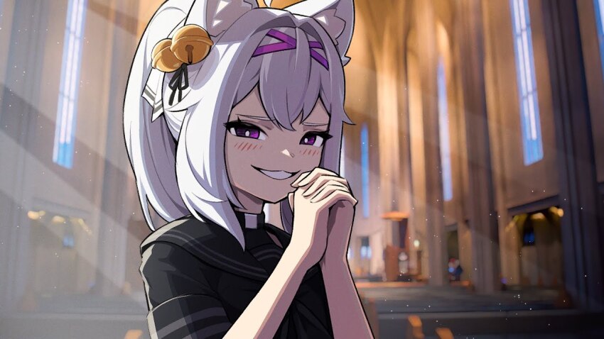 1girl, adapted_costume, ahoge, animal_ear_fluff, animal_ears, bell, black_neckerchief, black_ribbon