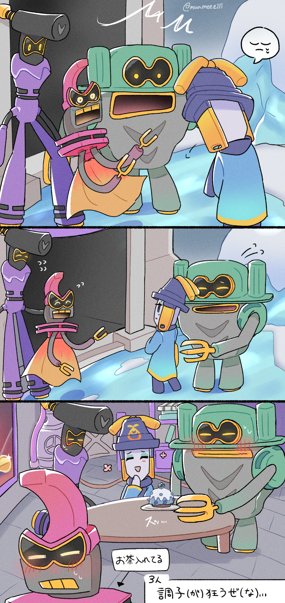 1girl, 3boys, black_sclera, blue_eyeshadow, blue_scarf, blush, cape, colored_sclera