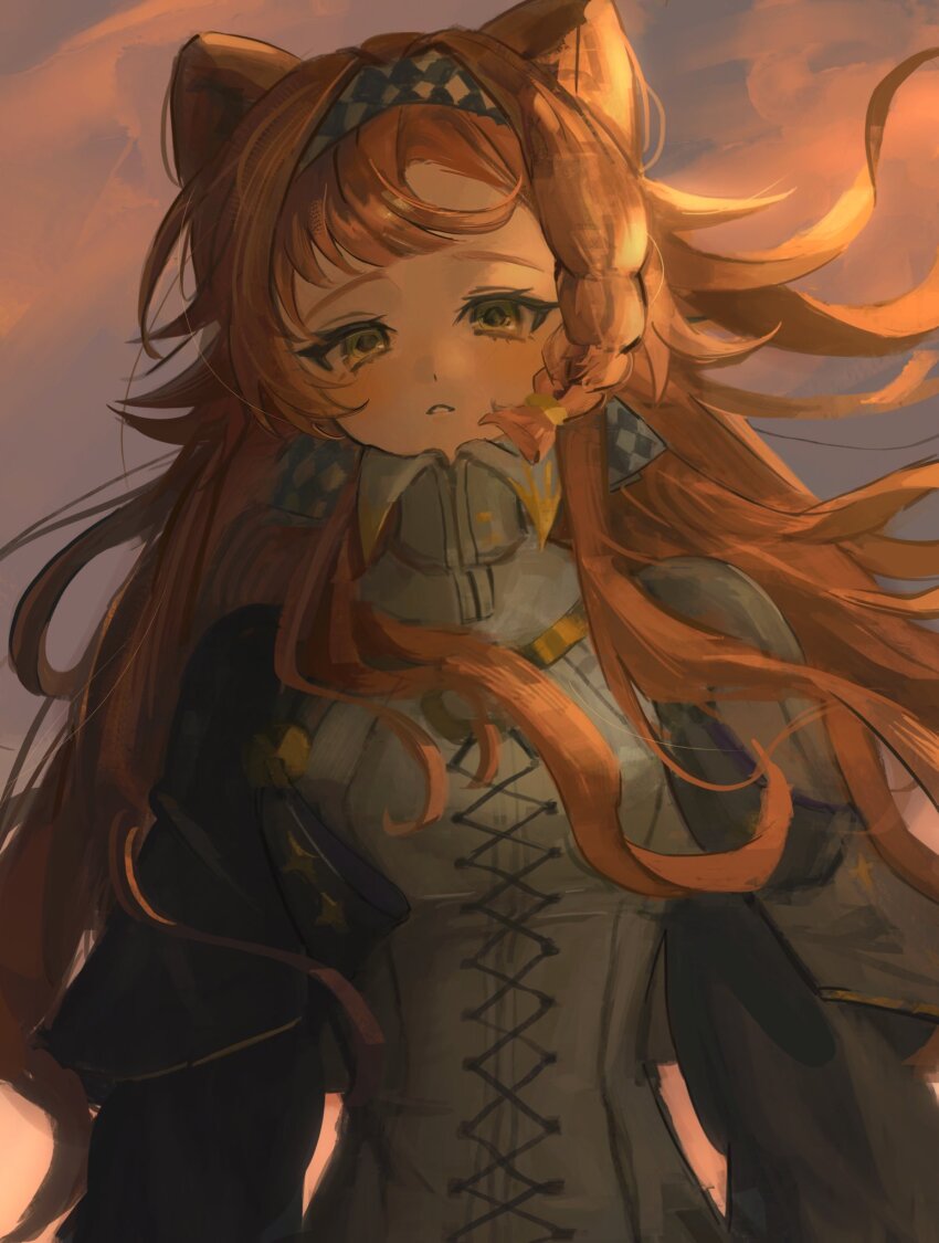 1girl, checkered_hairband, collared_dress, dress, green_eyes, grey_cloak, grey_sleeves, hairband