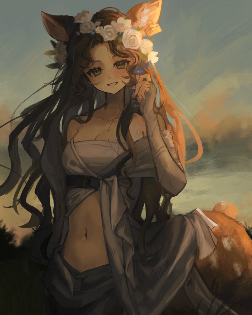 1girl, animal_ears, bare_shoulders, blue_background, brown_hair, centauroid, deer_ears, deer_girl