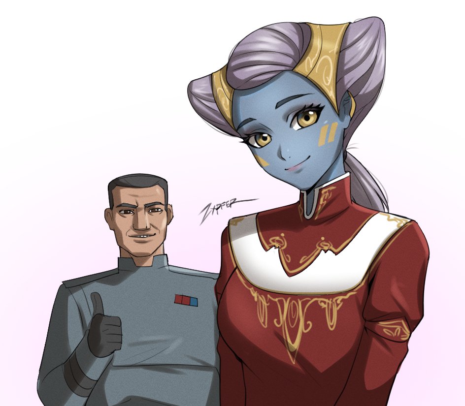 1boy, 1girl, alien, blue_skin, breasts, clone_trooper, colored_skin, dress