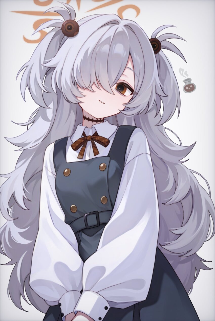 1girl, blue_archive, breasts, brown_eyes, brown_halo, grey_background, grey_skirt, grey_vest, hair_over_one_eye, halo, highres, kanoe_(blue_archive), long_hair, one_eye_covered, red_ribbon, ribbon, shirt, simple_background, skirt, small_breasts, solo, trrp7, twintails, vest, white_shirt