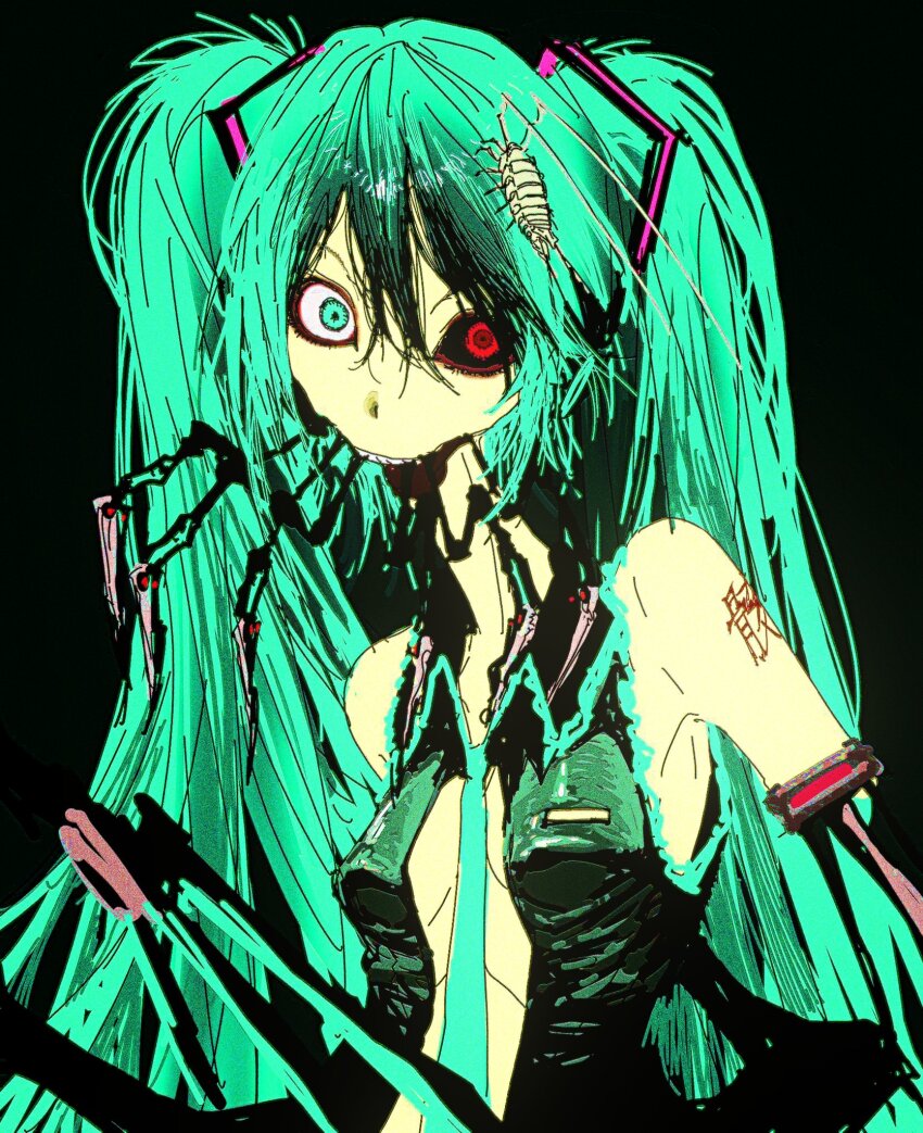 1girl, aqua_eyes, aqua_hair, aqua_necktie, aqua_trim, bare_shoulders, black_background, black_sclera, black_shirt, black_sleeves, blank_stare, breasts, bug, ca_(deino), calne_ca_(deino), center_opening, cleavage, cockroach, collared_shirt, colored_sclera, cosplay, detached_sleeves, frilled_shirt_collar, frills, hair_between_eyes, hatsune_miku, hatsune_miku_(cosplay), heterochromia, highres, horror_(theme), insect, insect_on_head, isopod, long_hair, looking_at_viewer, mandibles, mdch48, mechabare, mechanical_arms, mismatched_sclera, nato-kun, necktie, open_mouth, red_eyes, shirt, shoulder_tattoo, sidelocks, skeletal_arm, skinny, sleeveless, sleeveless_shirt, small_breasts, smile, solo, tattoo, twintails, upper_body, vocaloid, wide-eyed