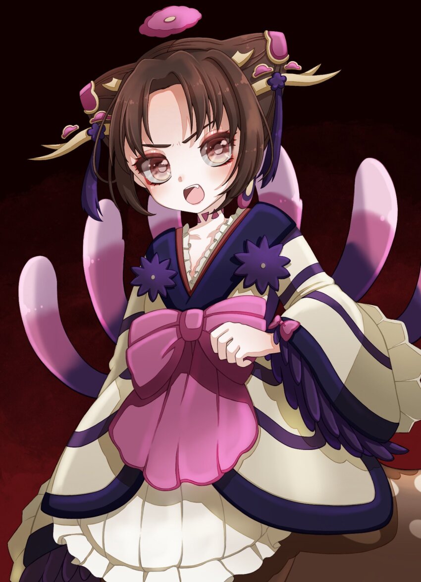 1girl, bow, bowtie, brown_hair, clantail, deer_girl, dress, flower