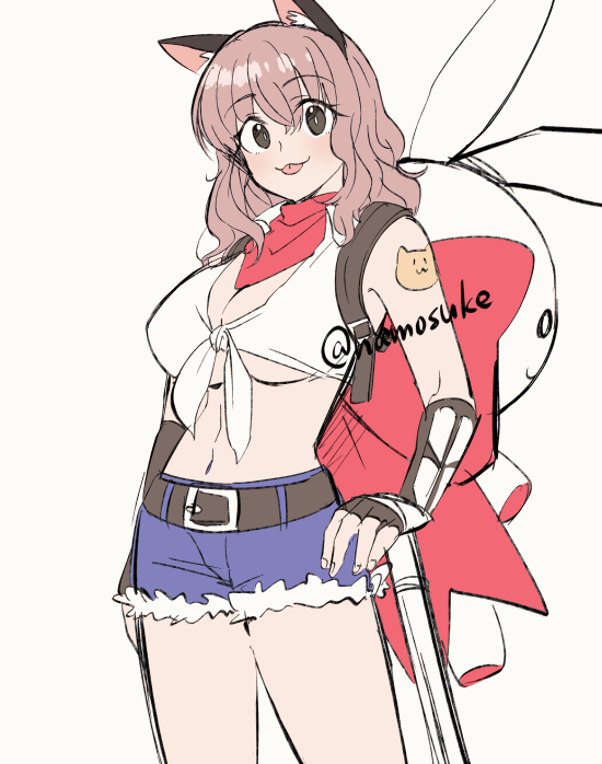 1girl, :3, animal_ears, bandana, belt, blacksmith_(ragnarok_online), blue_shorts, blush