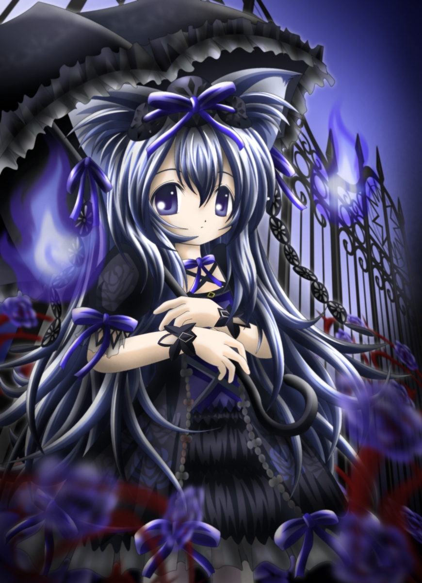 1girl, animal_ears, black_dress, black_hairband, black_umbrella, black_wrist_cuffs, blue_ribbon, dress