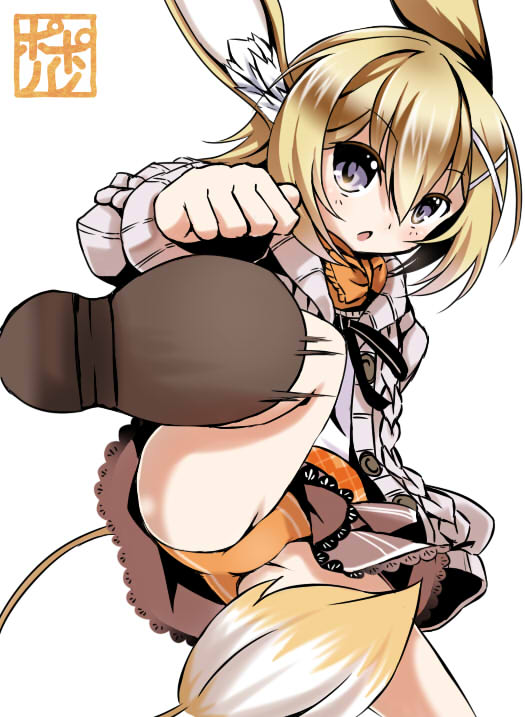 1girl, animal_ears, artist_name, blonde_hair, brown_skirt, emil_chronicle_online, grey_eyes, hair_ornament