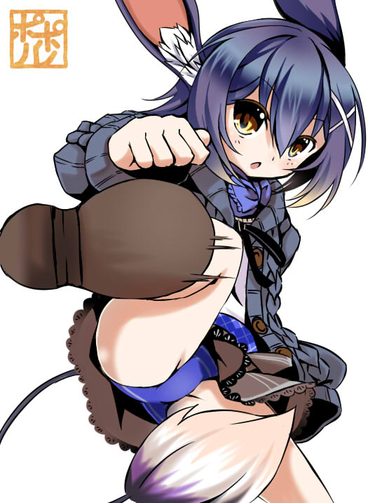 1girl, animal_ears, artist_name, blue_hair, blue_jacket, blue_panties, brown_skirt, emil_chronicle_online