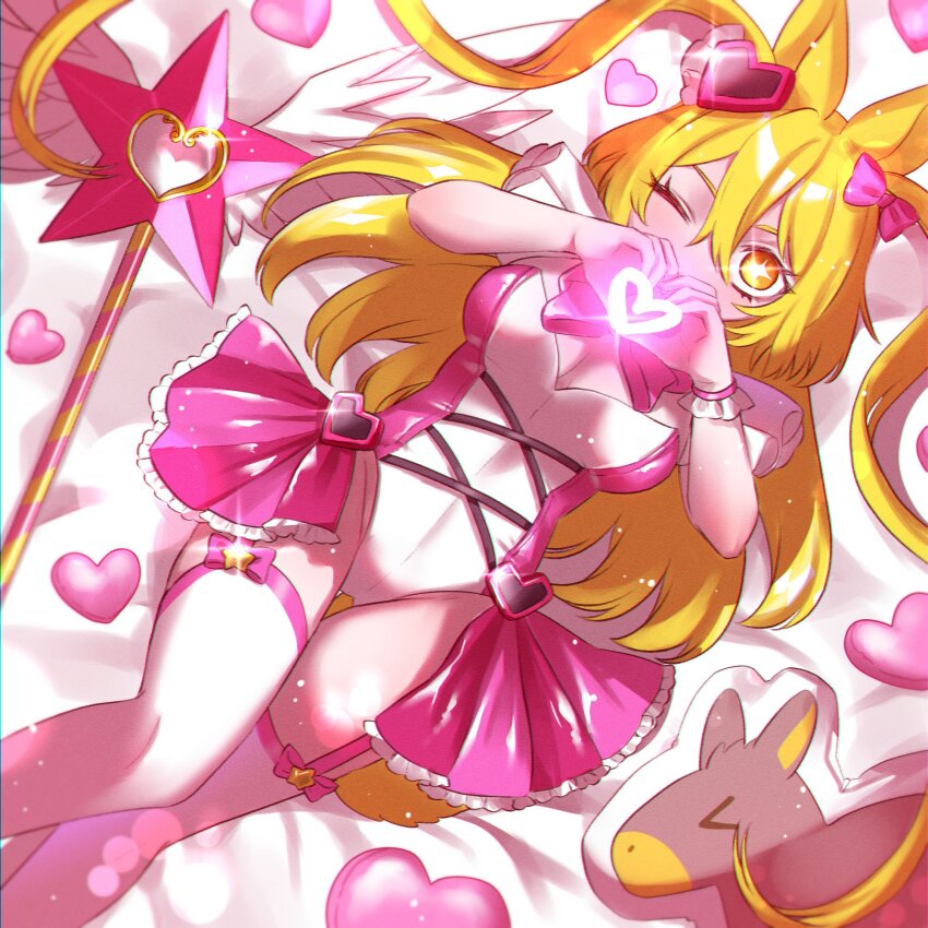 +_+, 1girl, adapted_costume, animal_ears, blonde_hair, bow, breasts, cleavage