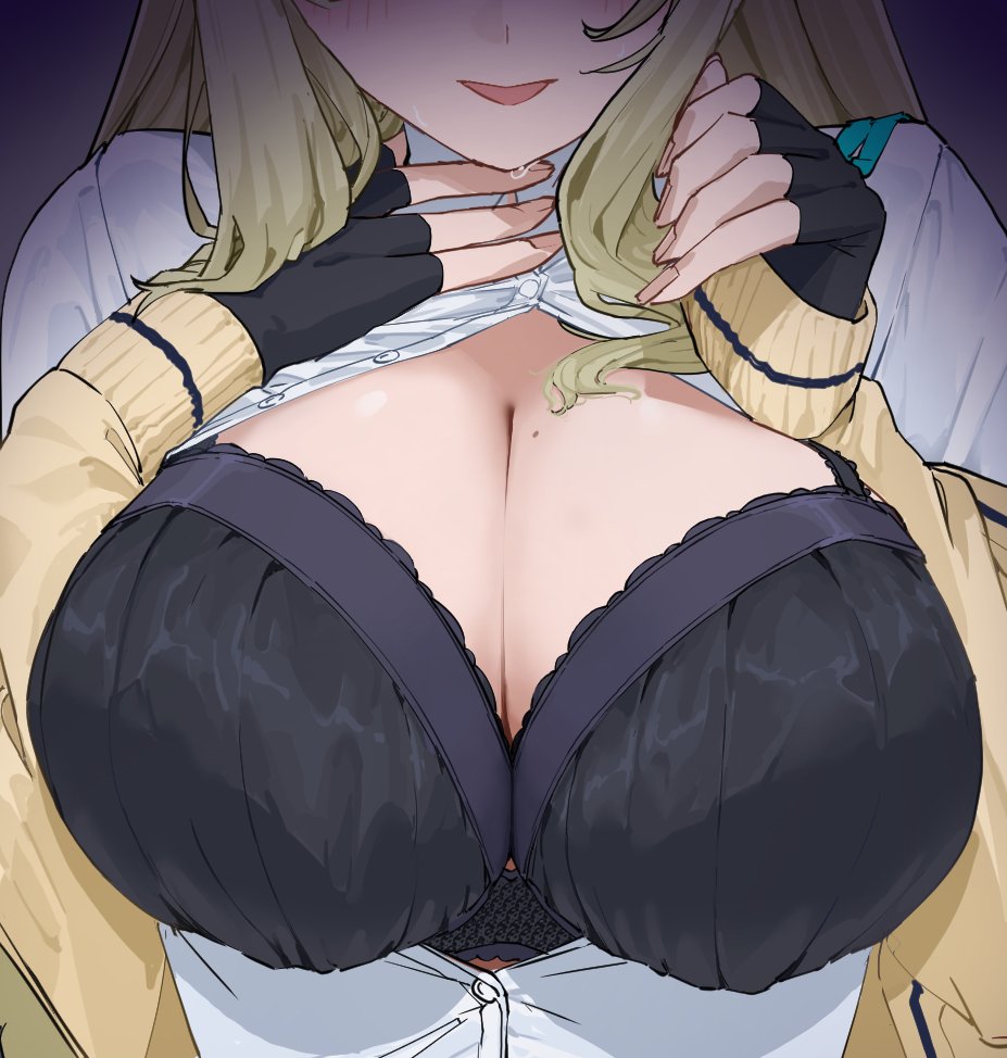 1girl, black_bra, black_gloves, blonde_hair, blue_archive, bra, breasts, cleavage, collared_shirt, embarrassed, fingerless_gloves, gloves, hair_over_breasts, hands_on_own_chest, hands_up, jacket, long_hair, long_sleeves, mole, mole_on_breast, nonomi_(blue_archive), off_shoulder, open_clothes, open_shirt, parted_lips, shirt, smile, solo, sweatdrop, takamaza, underwear, very_long_hair, white_shirt, yellow_jacket