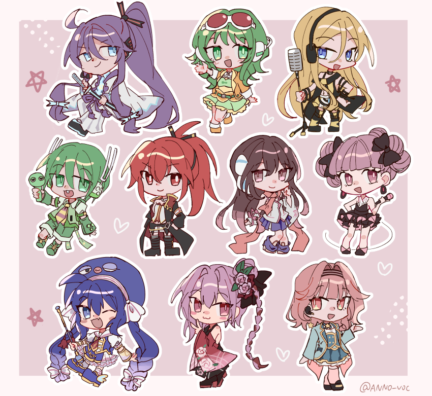 2boys, 6+girls, :3, :d, ;d, absurdly_long_hair, anno_voc, arm_guards, arm_warmers, bare_shoulders, black_boots, black_coat, black_ribbon, black_shoes, blonde_hair, blue_eyes, blue_hair, blue_hat, blue_shoes, blue_skirt, blunt_bangs, boots, border, bow, braid, bright_pupils, brown_hair, cevio, character_request, check_character, chibi, chibi_only, chika_(vocaloid), closed_mouth, coat, commentary_request, cul, double-parted_bangs, double_bun, earrings, frilled_skirt, frills, full_body, green_arm_warmers, green_eyes, green_hair, green_shoes, green_shorts, green_skirt, green_sweater_vest, gumi, hair_behind_ear, hair_between_eyes, hair_bun, hair_ribbon, halftone, halftone_background, hand_on_own_hip, hat, hat_bow, headphones, heart, hibiki_koto, high_ponytail, highres, holding, holding_microphone, holding_microphone_stand, jacket, jewelry, kamui_gakupo, knee_boots, kokone_(vocaloid), large_hat, lily_(vocaloid), long_hair, long_sleeves, looking_at_viewer, low_twin_braids, microphone, microphone_stand, miniskirt, multiple_boys, multiple_girls, one_eye_closed, open_clothes, open_coat, open_jacket, open_mouth, orange_jacket, orange_shoes, otomachi_una, otomachi_una_(sugar), outline, outside_border, pink_eyes, pleated_skirt, ponytail, puffy_short_sleeves, puffy_sleeves, purple_hair, red_eyes, red_hair, red_scarf, ribbon, rosa_(cevio), ryuuto_(vocaloid), scarf, shirt, shoes, short_hair, short_sleeves, shorts, single_bare_shoulder, single_braid, skirt, slit_pupils, smile, standing, standing_on_one_leg, star_(symbol), strapless, strapless_shirt, sweater_vest, twin_braids, v, very_long_hair, vocaloid, white_border, white_bow, white_outline, white_pupils, white_shirt