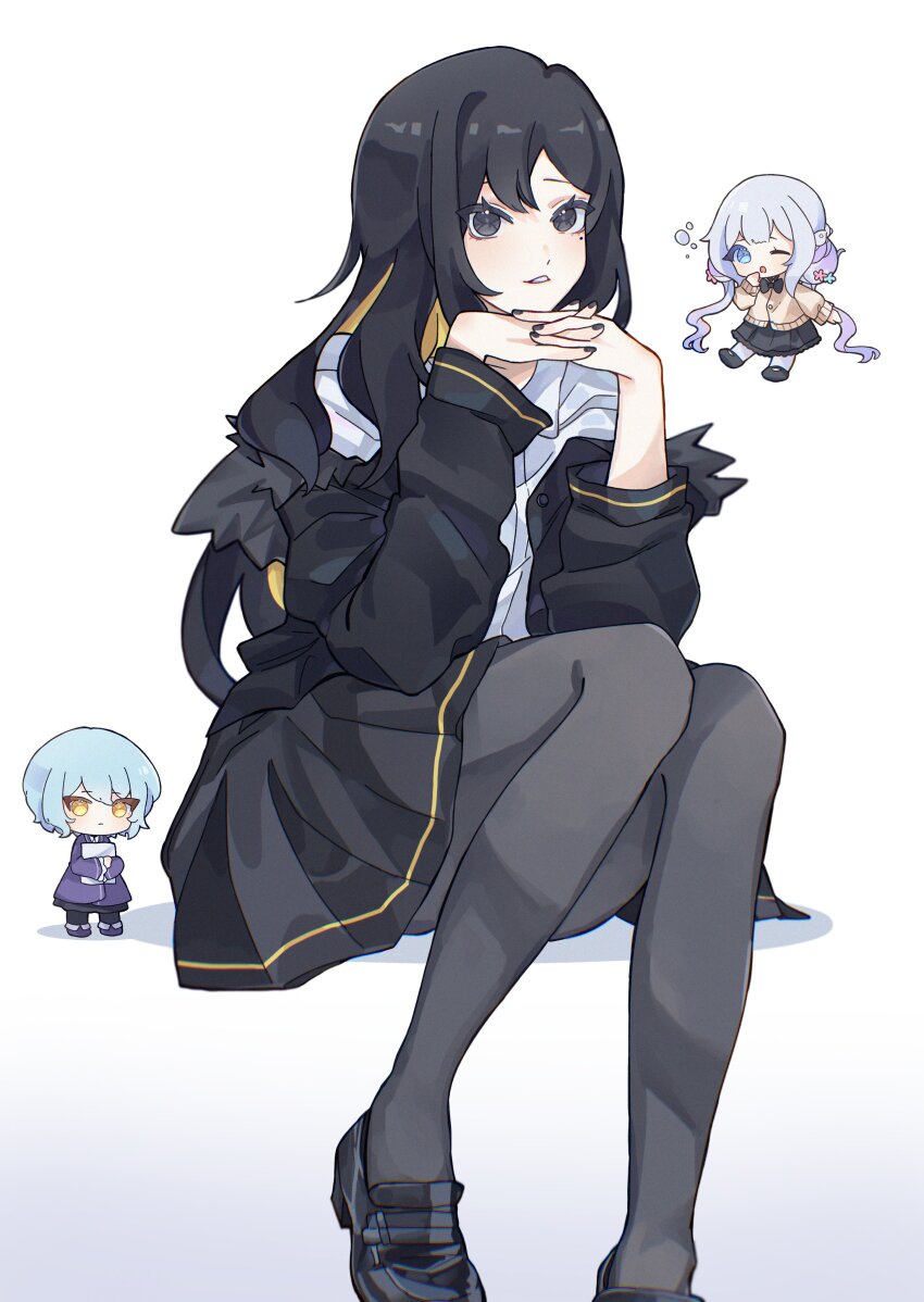 2girls, absurdres, alternate_costume, angela_(project_moon), binah_(project_moon), black_eyes, black_hair, black_jacket