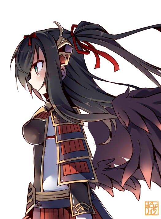 1girl, armor, artist_name, bird_girl, black_wings, bodysuit, bow, breastplate