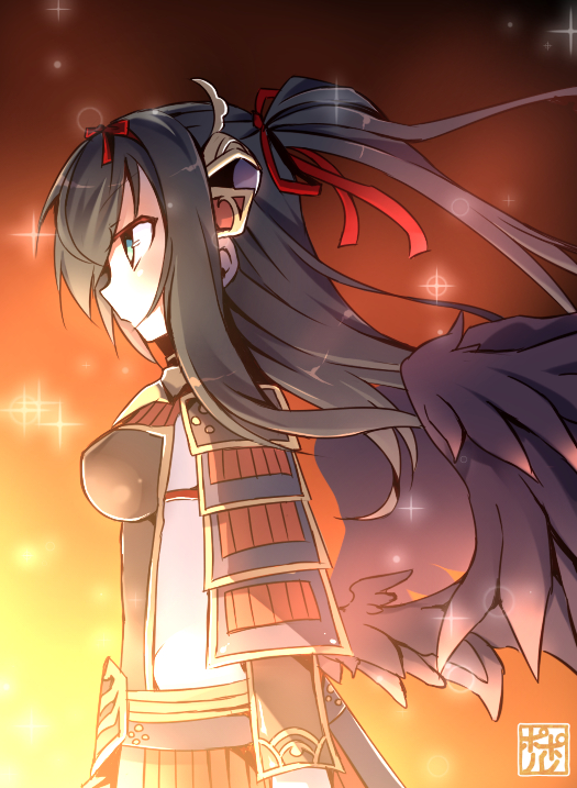 1girl, armor, artist_name, bird_girl, black_wings, bodysuit, bow, breastplate