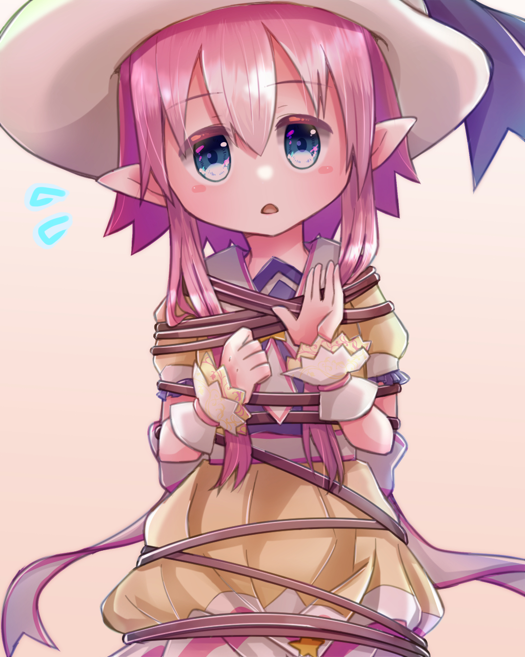 1girl, belt, blue_eyes, blue_ribbon, blush_stickers, bound, dress, emil_chronicle_online