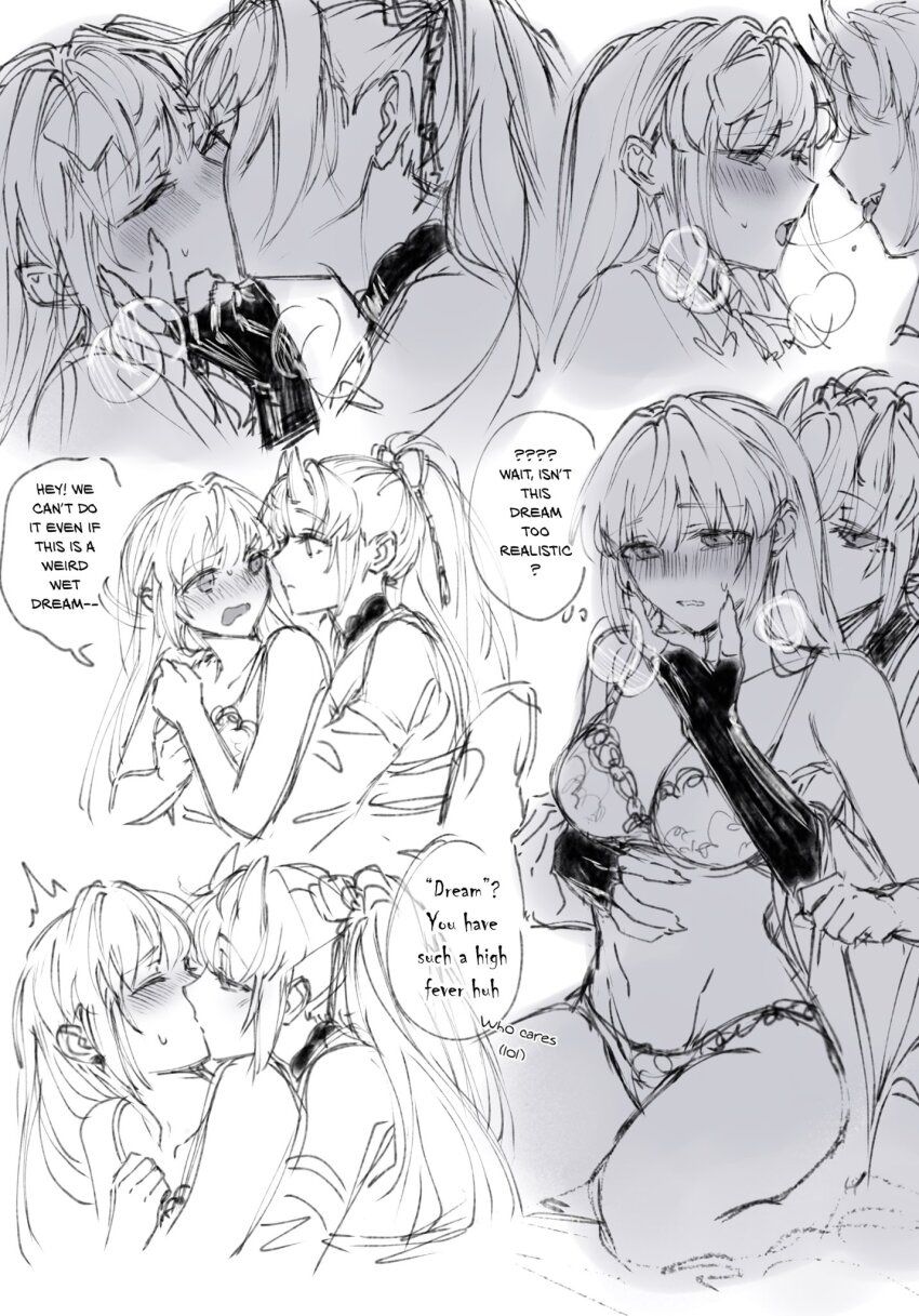 2girls, alternate_species, blush, bra, closed_eyes, commentary, dual_persona, elbow_gloves, fingerless_gloves, forced_kiss, gloves, greyscale, hair_intakes, half-closed_eyes, hand_on_another's_cheek, hand_on_another's_face, heavy_breathing, highres, kiss, link!_like!_love_live!, long_hair, love_live!, monochrome, multiple_girls, nose_blush, oni, open_mouth, otomune_kozue, otomune_kozue_(setsubun_-mi-), otomune_kozue_(winter_loungewear), panties, person_and_alternate_species, raised_inner_eyebrows, saliva, saliva_trail, selfcest, sidelocks, speech_bubble, thought_bubble, translation_request, underwear, underwear_only, virtual_youtuber, wavy_mouth, yuri, zenma_trang