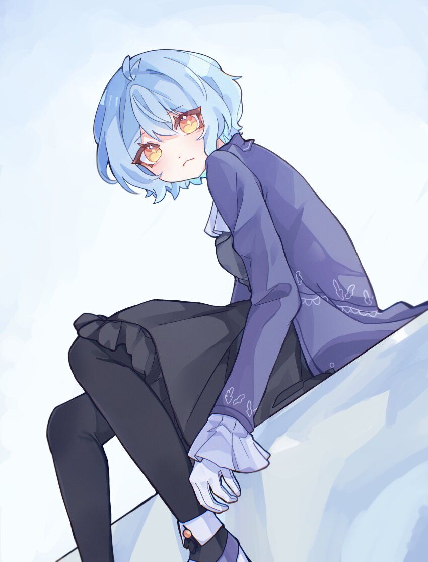 1girl, :<, absurdres, angela_(project_moon), ascot, black_pantyhose, black_skirt, black_vest