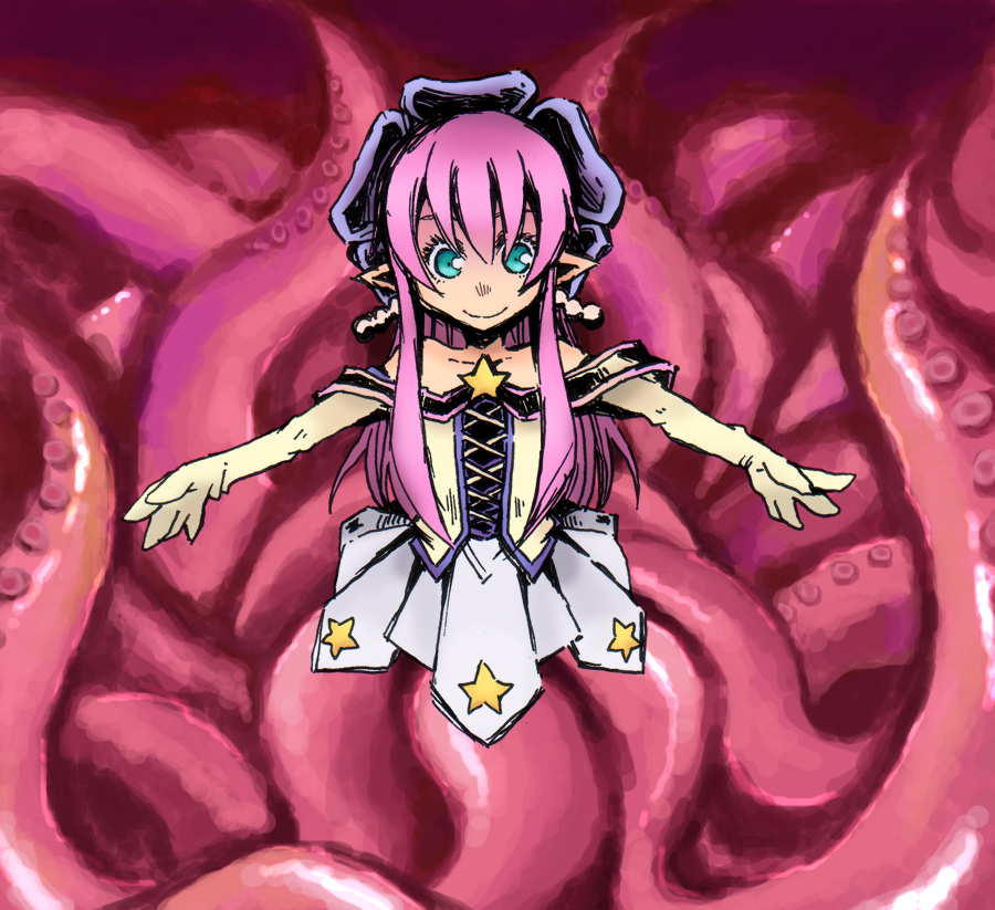 1girl, bare_shoulders, blue_eyes, blue_hat, earrings, emil_chronicle_online, hat, jewelry, long_hair, long_sidelocks, looking_at_viewer, monster_girl, off-shoulder_shirt, off_shoulder, outstretched_arms, pearl_earrings, pink_hair, sasarai_sawa, scylla, shirt, shugoma_fumitsuki, sidelocks, skirt, solo, star_(symbol), white_shirt, white_skirt