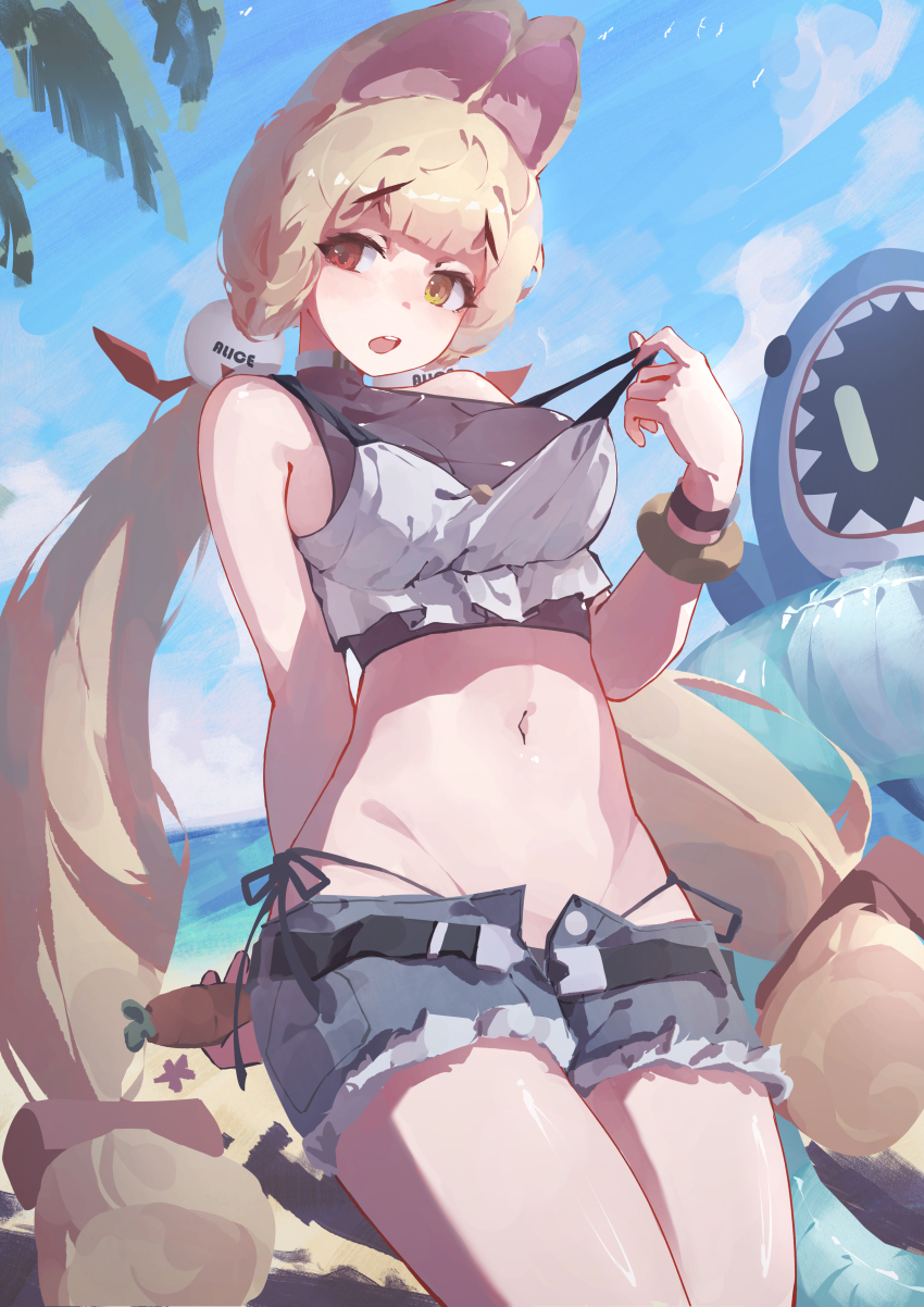 1girl, absurdres, alice_thymefield, arm_behind_back, awoodden, beach, belt, blonde_hair, blue_shorts, blue_sky, breasts, carrot, cloud, cowboy_shot, crop_top, day, denim, denim_shorts, hair_ornament, heterochromia, highres, holding, inflatable_toy, innertube, jewelry, large_breasts, long_hair, low_twintails, midriff, navel, open_fly, open_mouth, outdoors, panties, red_eyes, removing_bra, short_shorts, shorts, side-tie_panties, sky, solo, stomach, swim_ring, swimsuit, twintails, underwear, very_long_hair, yellow_eyes, zenless_zone_zero