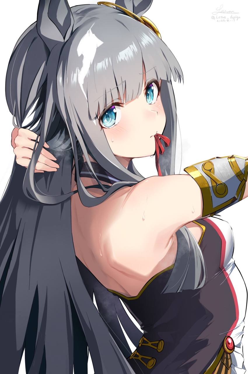 1girl, absurdres, adjusting_eyewear, animal_ears, armpits, blue_eyes, blush, breasts