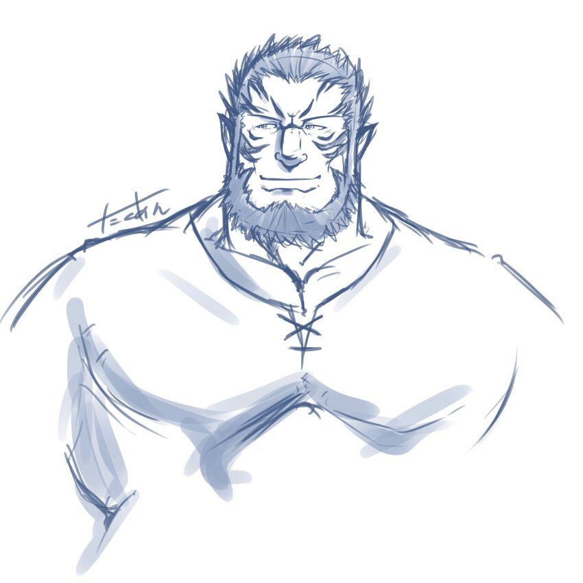 1boy, animal_ears, beard, blue_theme, commentary_request, facial_hair, fire_emblem, fire_emblem:_path_of_radiance, highres, male_focus, monochrome, mordecai_(fire_emblem), nintendo, pectoral_cleavage, pectorals, short_hair, signature, solo, taku-ang