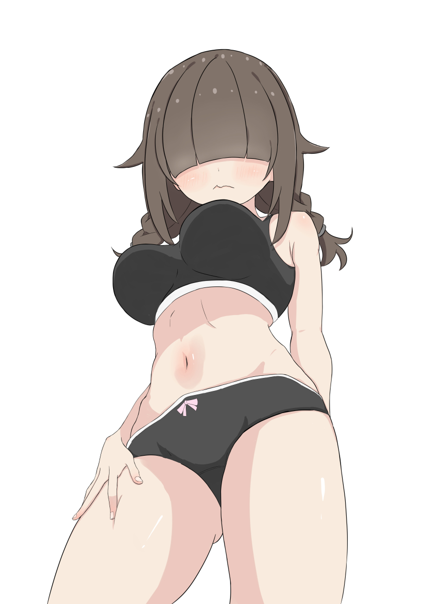 1girl, absurdres, arm_behind_back, black_panties, black_sports_bra, braid, breasts, brown_hair, from_below, hair_over_eyes, hand_on_own_thigh, hibi_wa_sugiredo_meshi_umashi, highres, hoshi_nana, large_breasts, looking_at_viewer, low_twin_braids, navel, panties, simple_background, solo, sports_bra, standing, thighs, tukihizx, twin_braids, underwear, white_background