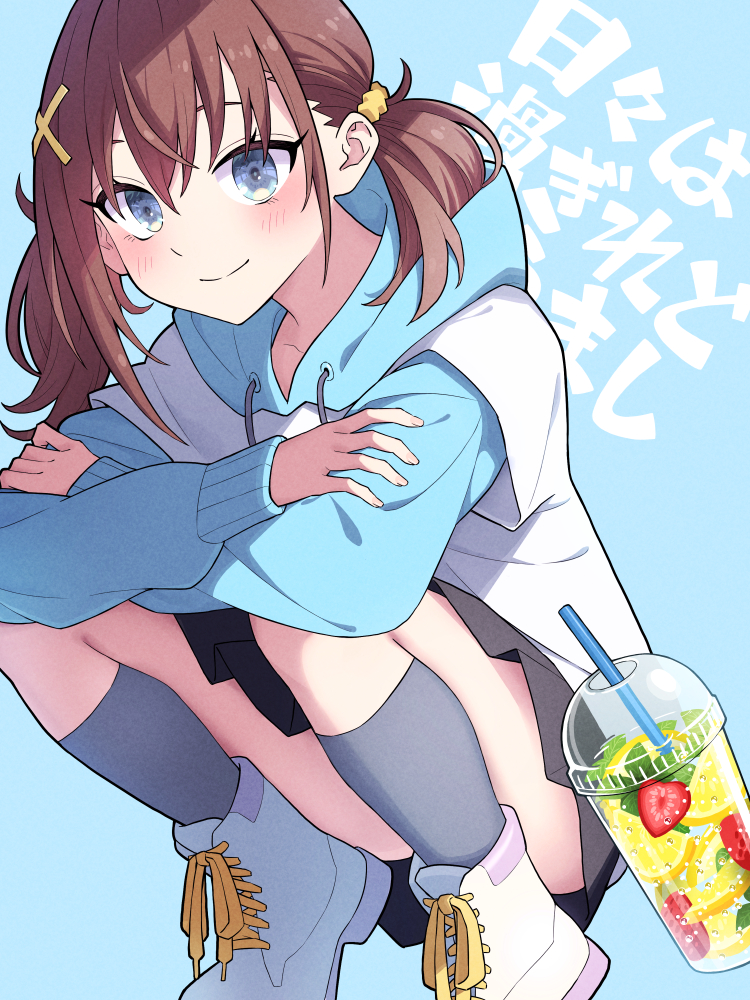 1girl, black_skirt, blue_eyes, blue_hoodie, brown_hair, closed_mouth, furutachi_kurea, grey_socks