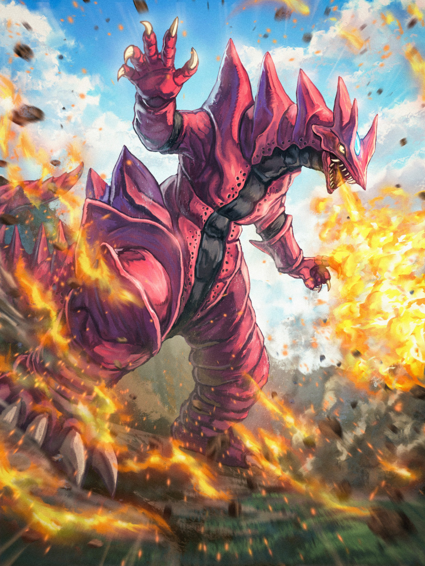 absurdres, back_spikes, black_skin, blue_gem, blue_sky, blurry, breath_weapon, breathing_fire