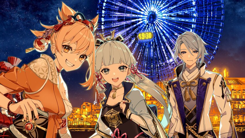 1boy, 2girls, :d, agemaki_knot, arm_guards, armor, asymmetrical_armor, asymmetrical_hair