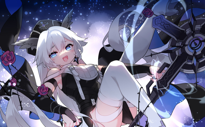 1girl, :d, bare_shoulders, belt, belt_buckle, black_belt, black_bridal_gauntlets, black_dress