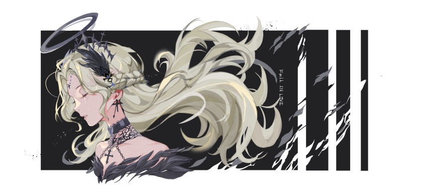 1girl, a_ghost_(dission), absurdres, angel, bare_shoulders, black_background, black_choker, black_collar