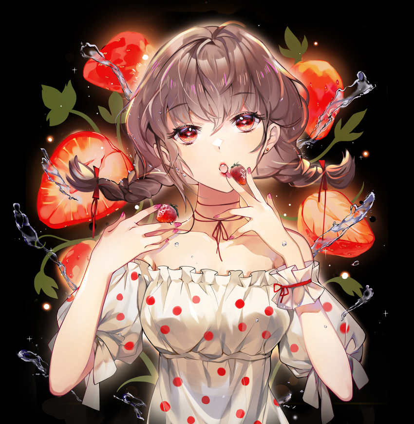 1girl, a_ghost_(dission), bare_arms, bare_shoulders, between_fingers, black_background, bow, braid