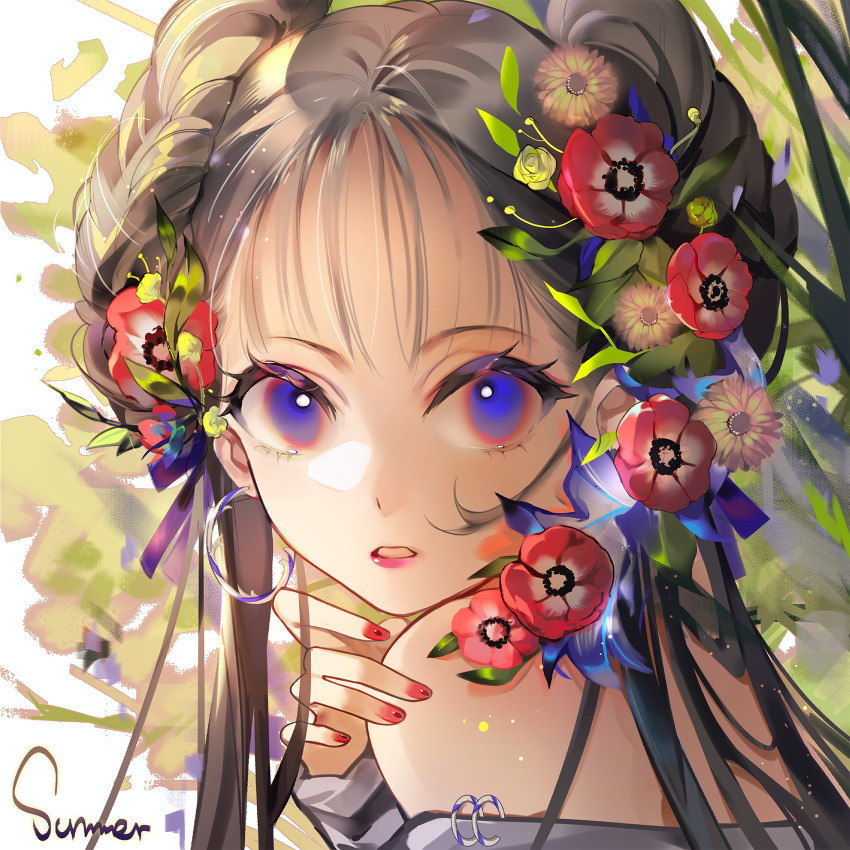 1girl, a_ghost_(dission), annoyed, black_hair, blue_bow, blue_eyes, blue_flower, bow, braid, braided_bun, clenched_teeth, commentary_request, commission, day, dot_nose, double_bun, earrings, english_text, flower, hair_bow, hair_bun, hair_flower, hair_ornament, hand_on_own_shoulder, highres, hoop_earrings, jewelry, leaf, light_particles, lily_(flower), lipstick, long_hair, long_sleeves, makeup, nail_art, nail_polish, off-shoulder_shirt, off_shoulder, original, outdoors, peony_(flower), pink_lips, red_flower, red_nails, shirt, shorts, solo, striped_clothes, striped_shirt, summer, teeth, tree, tsurime, upper_body, white_shirt, yellow_flower