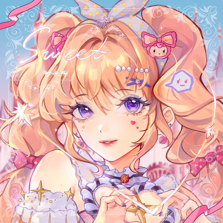 1girl, :3, a_ghost_(dission), bare_shoulders, beads, black_choker, blonde_hair, blue_sky