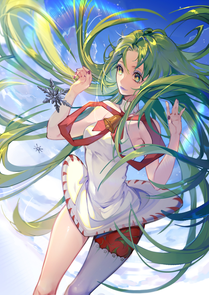 1girl, a_ghost_(dission), absurdres, bare_arms, bare_shoulders, bell, blue_eyeshadow, blue_lips