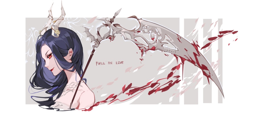 1girl, a_ghost_(dission), a_gloomy_start_(shining_nikki), absurdres, bare_shoulders, black_hair, blood, blood_on_arm