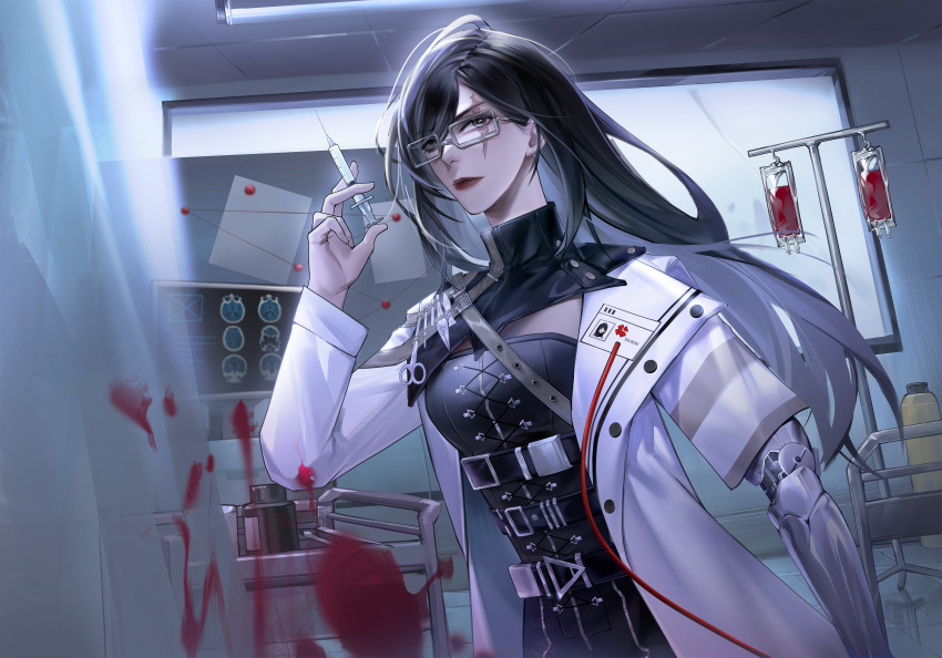 1girl, a_ghost_(dission), absurdres, armor, asymmetrical_sleeves, belt, belt_buckle, black_belt, black_collar, black_hair, black_pants, black_tube_top, blood, blood_bag, blood_splatter, bottle, buckle, bulletin_board, ceiling, ceiling_light, chest_belt, closed_mouth, collar, colored_inner_hair, cowboy_shot, cross-laced_clothes, cross-laced_top, detached_collar, doctor, expressionless, eyelashes, glass, glasses, grey-framed_eyewear, grey_eyes, grey_hair, highres, holding, holding_syringe, hospital, indoors, intravenous_drip, iron_(path_to_nowhere), lab_coat, lipstick, long_hair, long_sleeves, looking_at_viewer, makeup, mechanical_arms, medicine, mismatched_sleeves, multicolored_hair, multiple_belts, name_tag, pants, path_to_nowhere, pauldrons, red_lips, scar, scar_across_eye, scar_on_face, short_sleeves, shoulder_armor, single_mechanical_arm, single_pauldron, solo, standing, strapless, striped_clothes, striped_pants, striped_sleeves, swept_bangs, syringe, tile_ceiling, tiles, tube_top, turtleneck, two-tone_hair, vertical-striped_clothes, vertical-striped_pants, very_long_hair, window