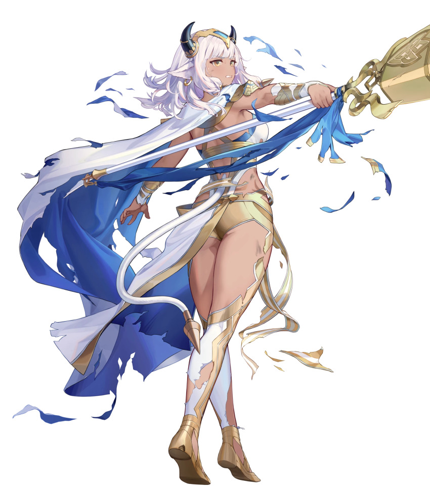 1girl, animal_ears, ash_(borrowed_power)_(fire_emblem), ash_(fire_emblem), ass, blue_cape, breasts, cape, capelet, clenched_teeth, cow_ears, cow_girl, cow_horns, cow_tail, damaged, dark-skinned_female, dark_skin, fire_emblem, fire_emblem_heroes, gold_trim, highres, holding, holding_staff, horns, large_breasts, nintendo, non-web_source, official_alternate_costume, official_art, solo, staff, tail, teeth, torn_clothes, two-sided_cape, two-sided_fabric, white_capelet, white_hair, yellow_eyes