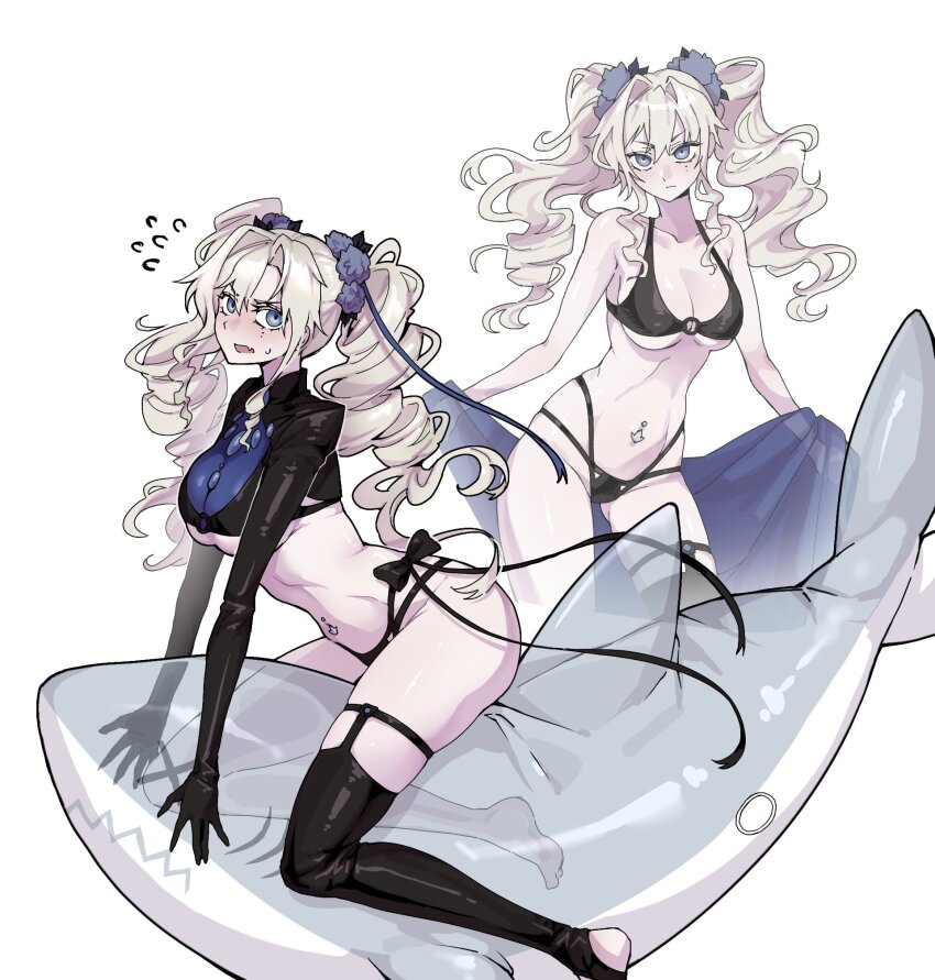 1girl, bikini, black_bikini, black_shrug, blush, breasts, curvy, ddwiyong, fate/grand_order, fate_(series), flower, hair_flower, hair_ornament, highres, inflatable_shark, inflatable_toy, kriemhild_(fate), kriemhild_(swimsuit_rider)_(fate), kriemhild_(swimsuit_rider)_(first_ascension)_(fate), large_breasts, long_hair, long_sleeves, mole, mole_under_eye, navel_piercing, piercing, shark, shiny_skin, shrug_(clothing), swimsuit, thong_bikini, twintails, underboob, white_hair, wide_hips