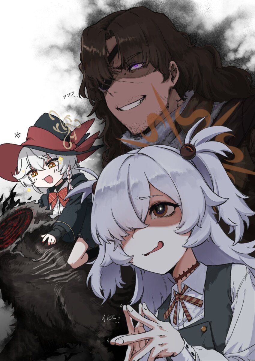 1boy, :q, blue_archive, blush, bow, bowtie, braid, breasts