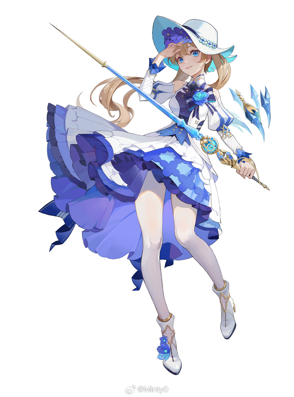 1girl, ankle_boots, bare_shoulders, black_bow, blonde_hair, blue_dress, blue_eyes, blue_flower, blue_rose, boots, bow, breasts, chinese_commentary, corsage, crystal, dress, floating, floating_object, floral_print, flower, footwear_flower, frilled_dress, frills, full_body, hair_between_eyes, hair_flower, hair_ornament, hat, hat_flower, higan:_eruthyll, high_heel_boots, high_heels, highres, holding, holding_sword, holding_weapon, juliet_sleeves, long_sleeves, looking_at_viewer, mandarin_collar, medium_breasts, medium_dress, minty0, official_art, pantyhose, parted_lips, puffy_sleeves, rapier, rose, shading_eyes, sideways_glance, sleeveless, sleeveless_dress, smile, solo, standing, striped_bow, sun_hat, sword, tibby_(higan:_eruthyll), twintails, two-tone_dress, watermark, weapon, weibo_watermark, white_background, white_boots, white_dress, white_hat, white_pantyhose