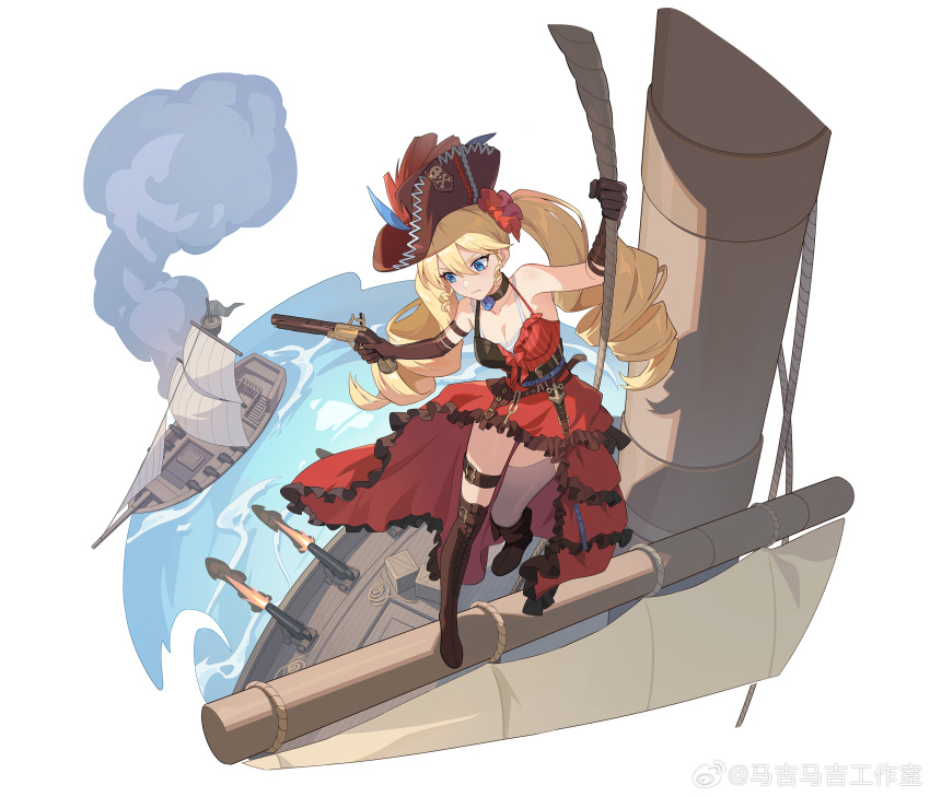 1girl, absurdres, alternate_costume, anchor_ornament, anchor_symbol, antique_firearm, asymmetrical_footwear, bare_shoulders