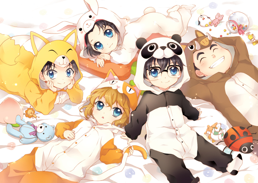 2girls, 3boys, animal_costume, bird, black_hair, blonde_hair, blue_eyes, candy