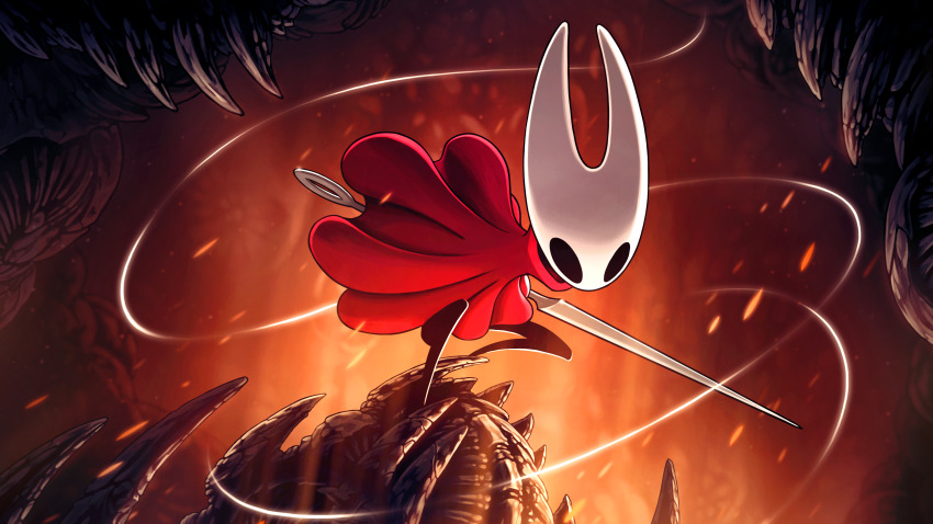 1girl, absurdres, ari_gibson, arthropod_girl, black_skin, blank_eyes, bug, chitin, cloak, colored_skin, embers, facing_viewer, fighting_stance, floating_cape, highres, holding, holding_weapon, hollow_eyes, hollow_knight, hollow_knight:_silksong, horned_mask, hornet_(hollow_knight), mask, needle_(hollow_knight), official_art, promotional_art, red_cloak, solo, thread, weapon, white_mask, wide_shot