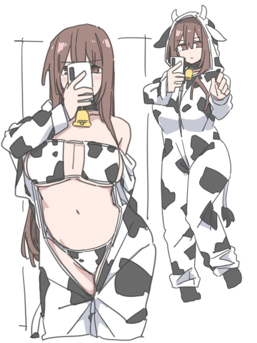 1girl, animal_print, bell, bikini, bikini_under_clothes, breasts, brown_eyes, brown_hair, cellphone, choker, cow_print, cow_print_bikini, cowbell, durindana_7, eyepatch_bikini, highres, holding, holding_phone, huge_breasts, navel, onesie, original, phone, print_bikini, smartphone, solo, stomach, swimsuit, unzipped