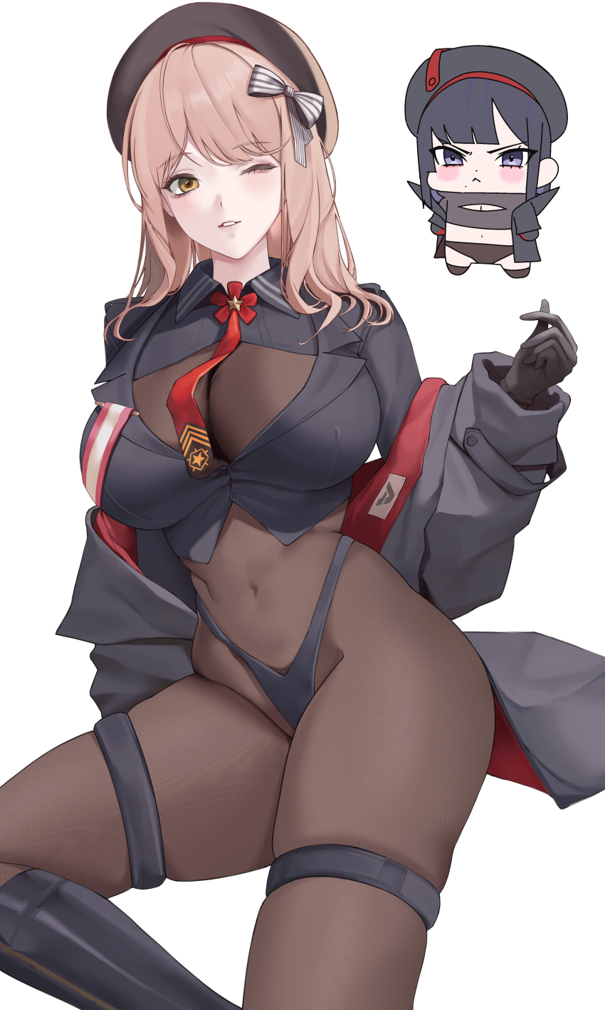 2girls, :<, absurdres, beret, black_boots, black_coat, black_gloves, black_hair, black_hat, black_jacket, blush_stickers, bodystocking, boots, bow, breasts, brown_eyes, brown_hair, chibi, chibi_inset, coat, commentary_request, covered_navel, crop_top, cropped_jacket, emma_(nikke), emma_(tactical_upgrade)_(nikke), eunhwa_(nikke), eunhwa_(tactical_upgrade)_(nikke), gloves, goddess_of_victory:_nikke, hair_bow, hat, highres, jacket, knee_boots, large_breasts, long_hair, long_sleeves, looking_at_viewer, miromiro_(pzkx7347), multiple_girls, navel, necktie, off_shoulder, official_alternate_costume, one_eye_closed, parted_lips, red_necktie, see-through_cleavage, see-through_clothes, sidelocks, simple_background, skindentation, smile, striped_bow, thigh_strap, white_background