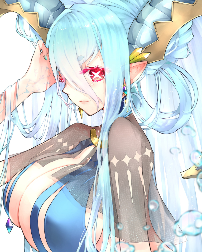 1girl, aqua_hair, bikini, blue_bikini, braid, breasts, capelet, cleavage